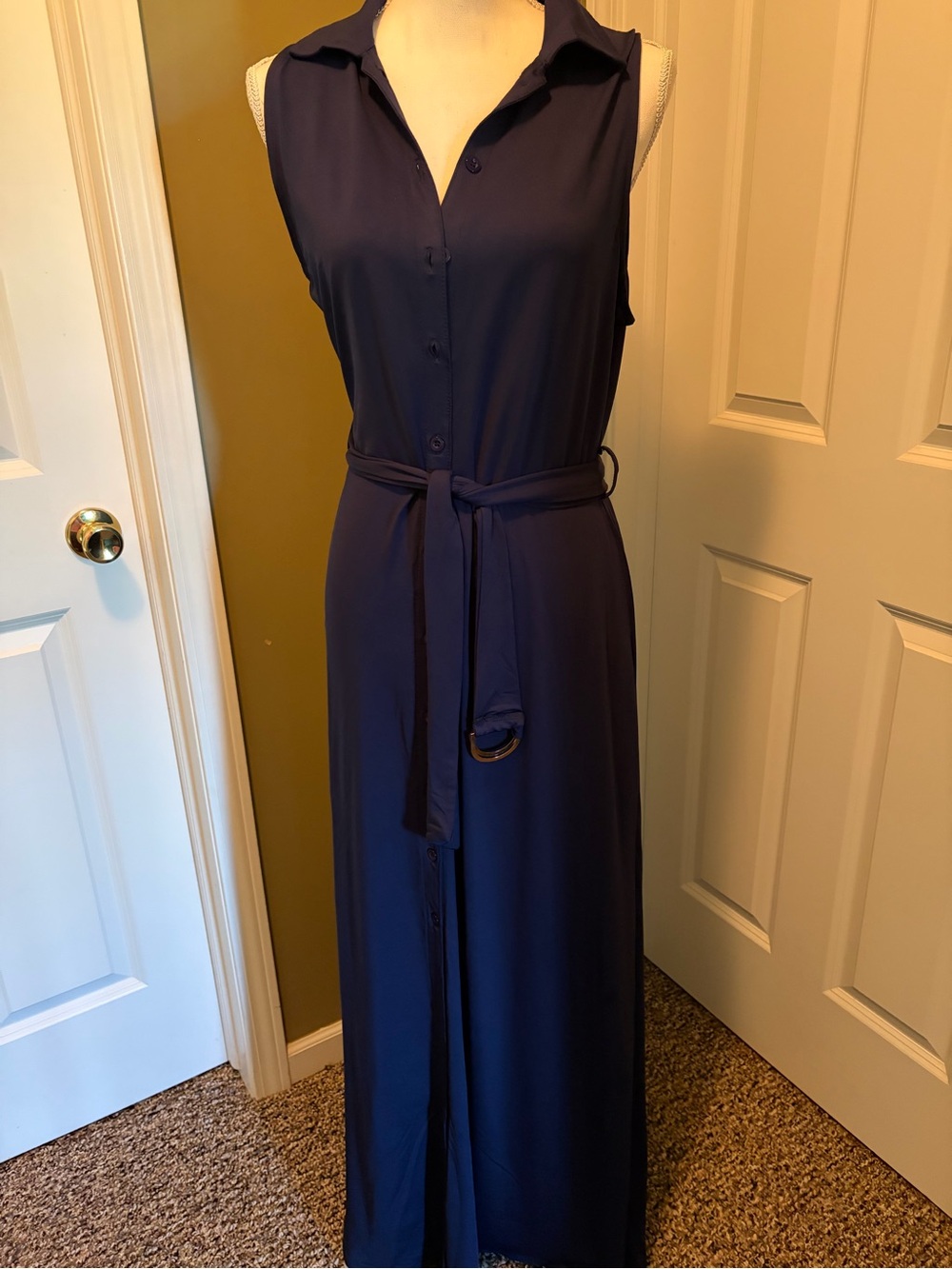 Sleeveless Navy Button-Front Maxi Dress with Tie Waist